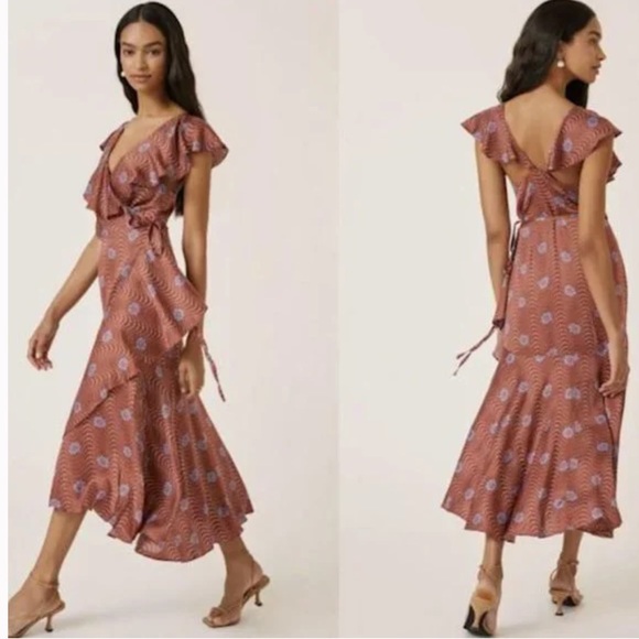 Anthropologie Ruffle Sleeve Printed Wrap Maxi Dress Brown Motif size XS - Picture 1 of 12